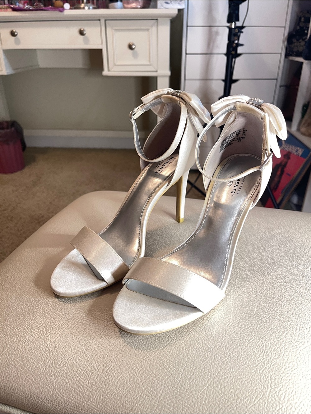 Women’s Ivory Satin Ankle-Strap Heels with Bow Detail